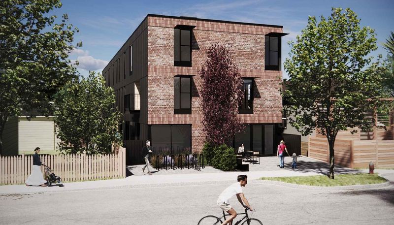Rendering of the brick building from the southwest corner of Gladstone Ave